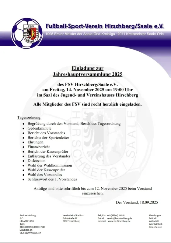 Einladung zur JHV am 14. November 2025